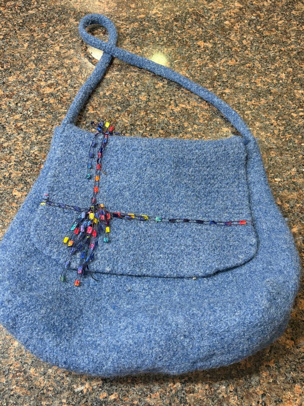 Handmade Blue Felt Shoulder Purse with Multicolored Ribbon Accents